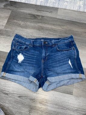B002 Old Navy Mid Rise Boyfriend Shorts Dark Wash Distressed Denim Cuffed 10